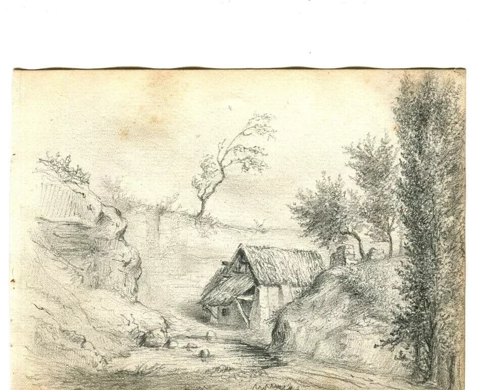Antique Pencil Original Drawing 19th century Landscape, Farm, Forest image 7
