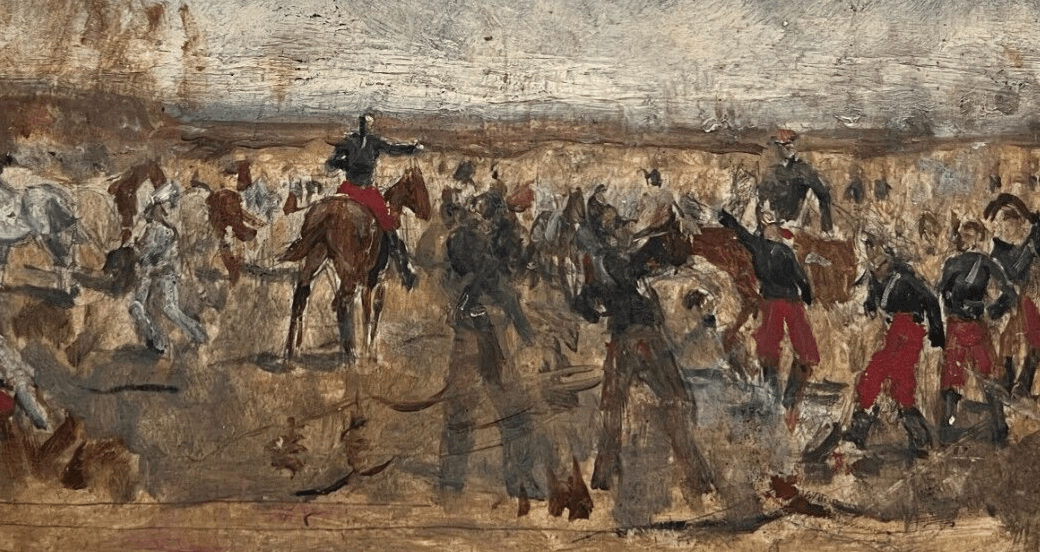 Antique Painting Original People, Military, War, Landscape signed 19th century image 3