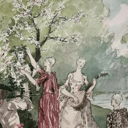 Vintage Drawing Original People, Women, Forest, Playing Musics image 3