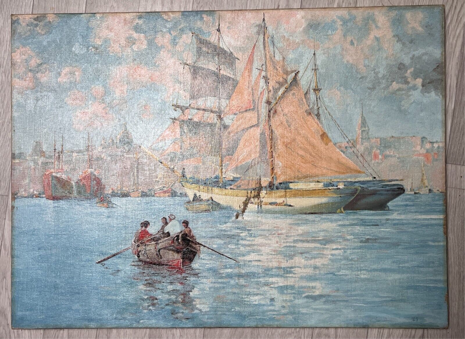 Antique Oil Painting Santa Salute Basilica, Grand Canal, Italy, Venice, Seascape image 2