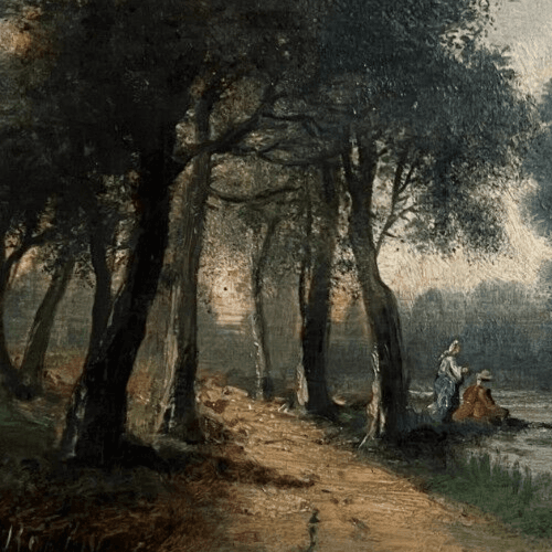Antique Original Painting signed Landscape, People, Forest, River 19th century image 2