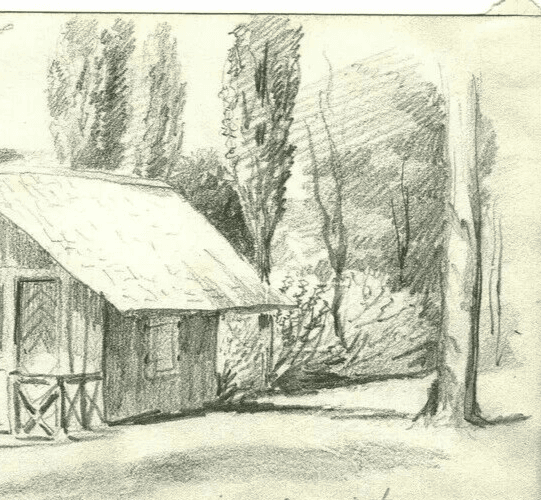 Antique Pencil Drawing House of Poche in Lignon, Landscape image 3