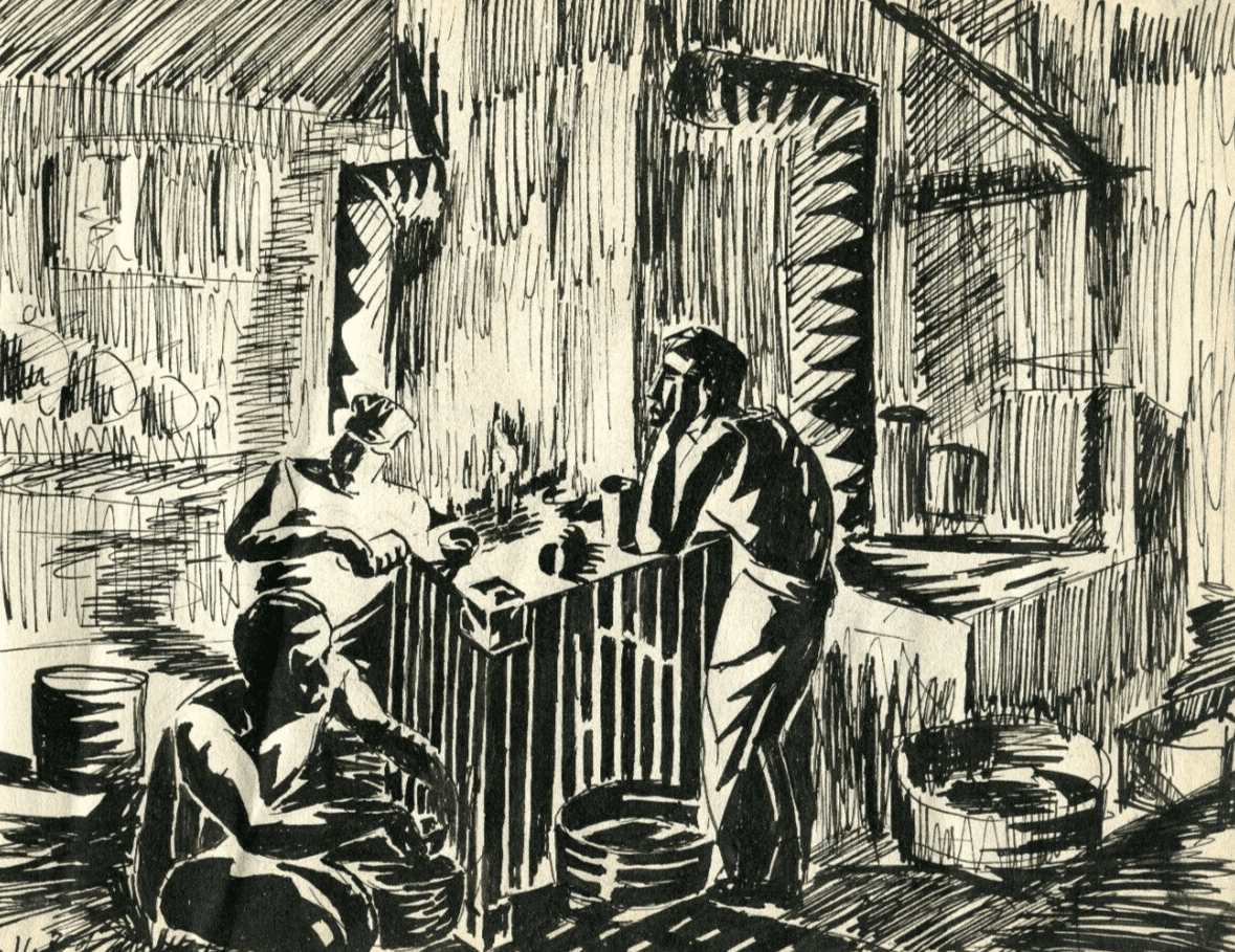 Vintage Ink Drawing Original Men Working and Drinking image 1