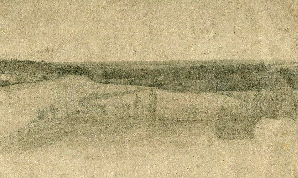 Antique Pencil Drawing 19th century of a Countryside Landscape image 1