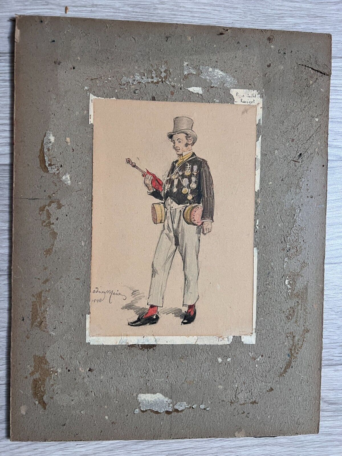 Antique Original Drawing Musician Man Portait, Violon 19th century signed image 5