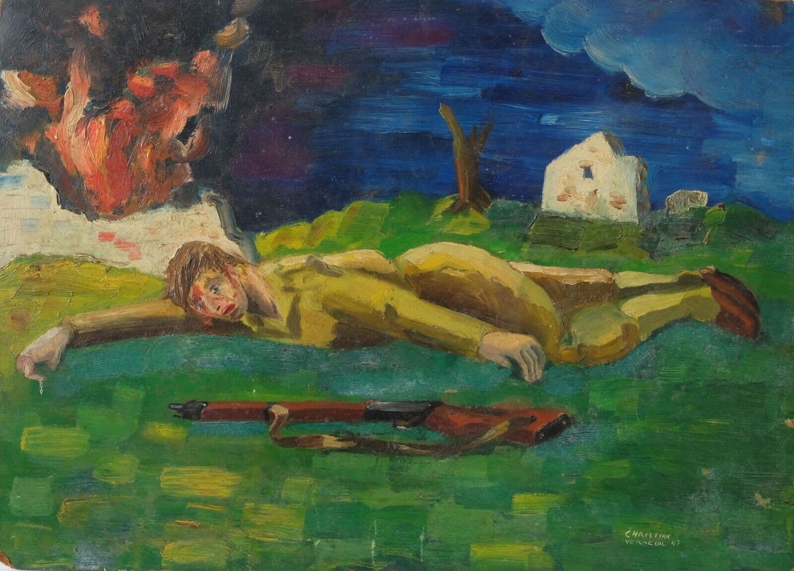 Vintage Oil Painting Military Man on the Grass with a Riffle 1947 image 1