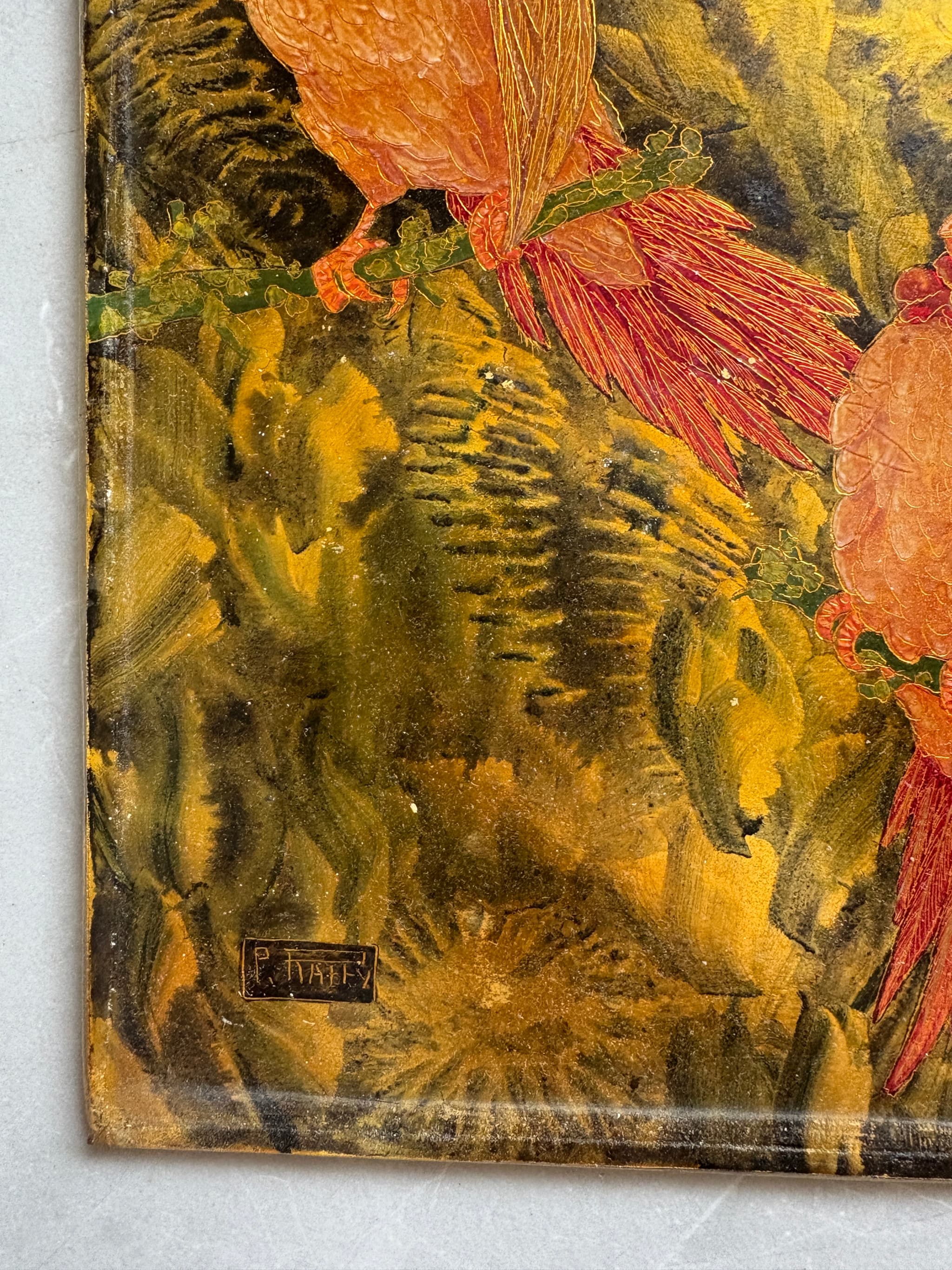 Vintage Oil Painting signed Paul RAFFY	(XX) Perrots Birds, Art Deco Framed image 2