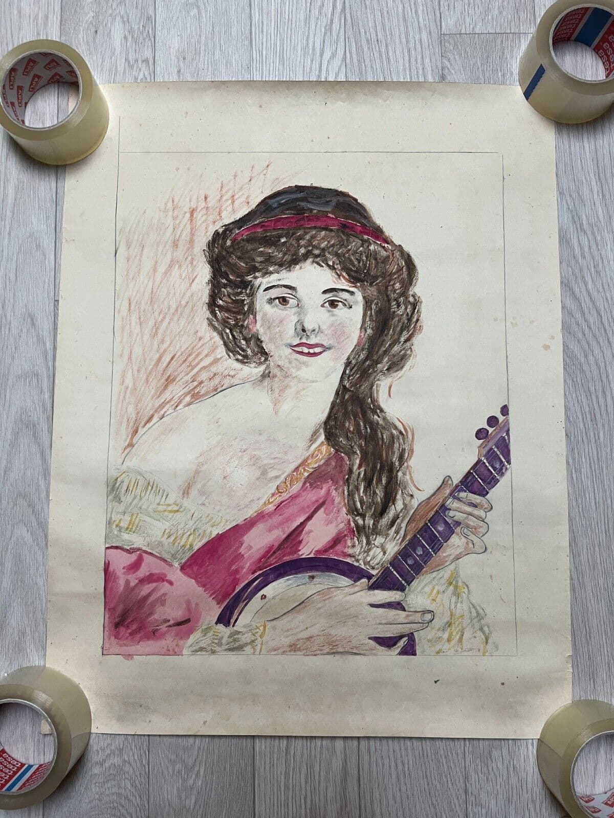 Antique Original Drawing Woman, Portrait, Music, Mandolin, Guitar image 1