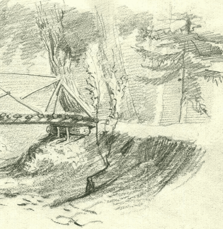 Antique Original Pencil Drawing Landscape, Bridge, Forest, Trees and River image 4