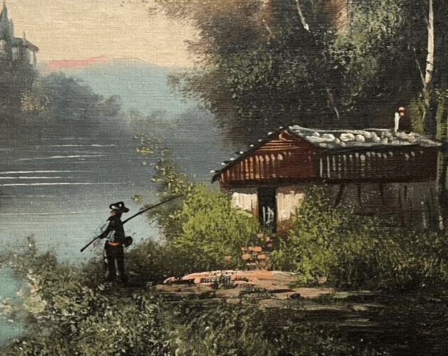 Antique Original Painting Painting Lake Landscape, Man, Fishing signed image 2