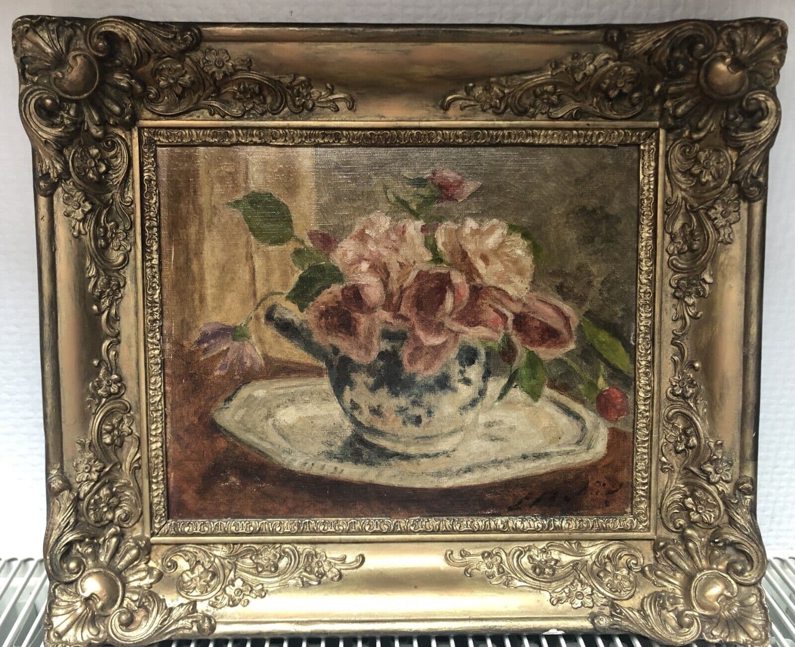 Antique Original Painting Still Life, Bouquet, Flower, Roses, Floral signed image 3
