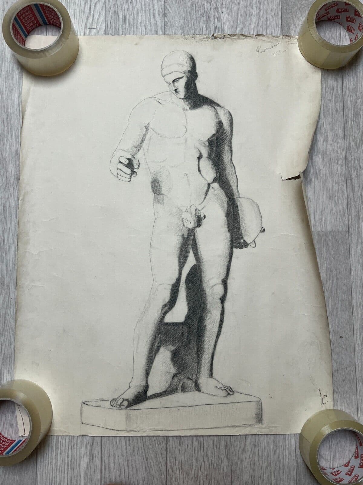 Antique Original Drawing Man, Portrait, Academic, Nude, Stick image 6