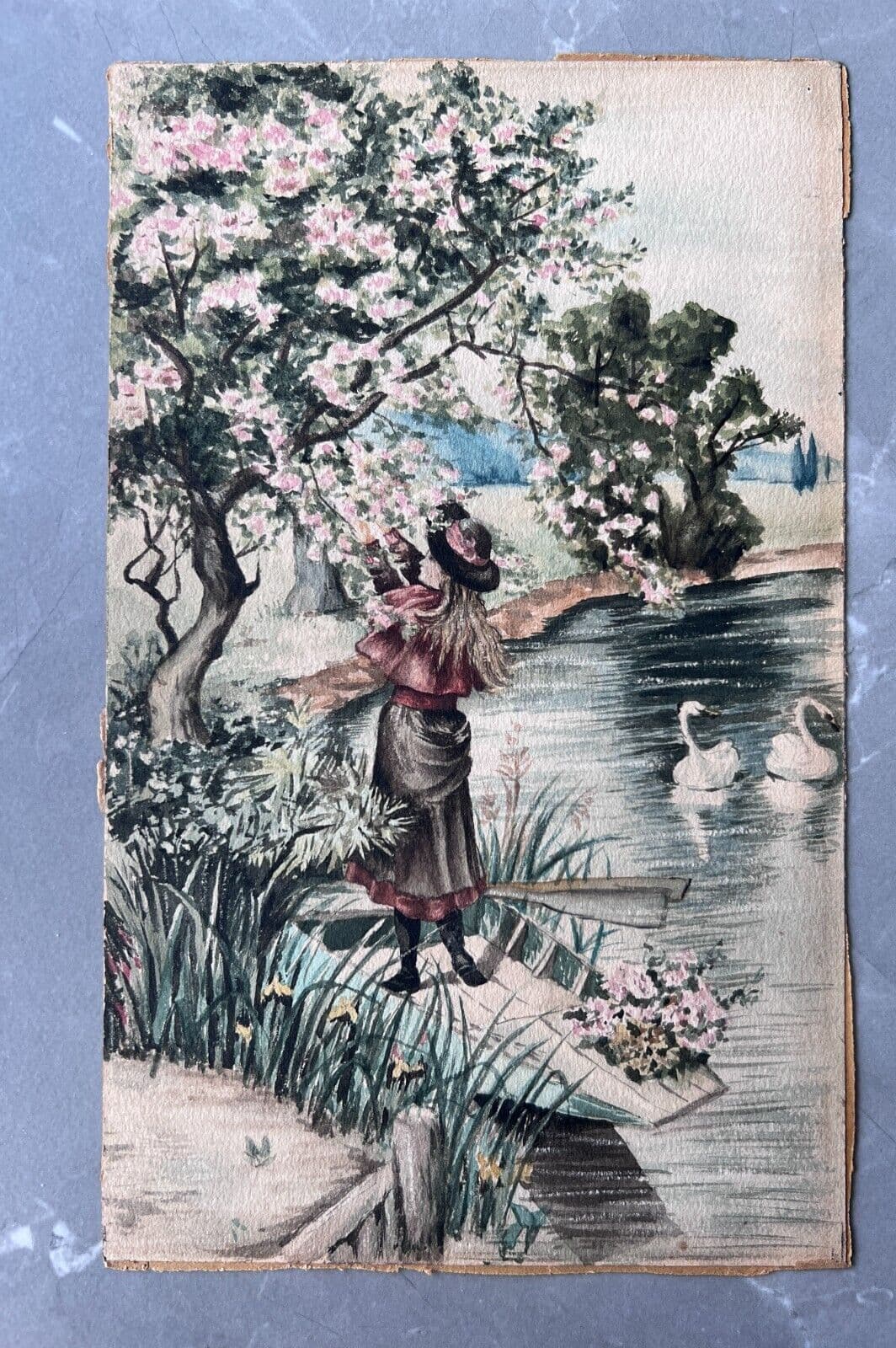 Antique Drawing Original Woman Portrait, Trees, Swann image 5