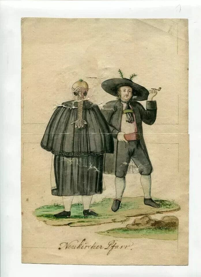 Antique Original Drawing German People Religious Costumes Pfarrkirchen image 5