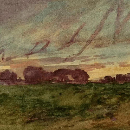 Vintage Original Drawing Landscape, Sunset, Forest, Trees image 2