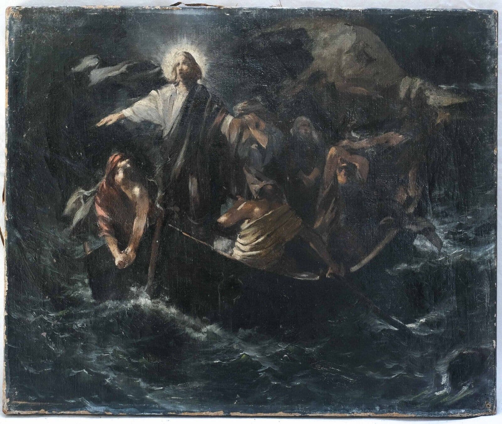 Antique Painting Original Christ, Miracle, Fish, Tiberiad, Sea, People 1888 image 5