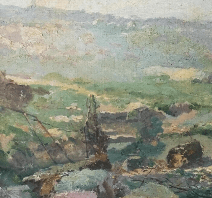 Antique Painting Oil Original 19th Landscape Woman Cleaning Laundry signed image 4