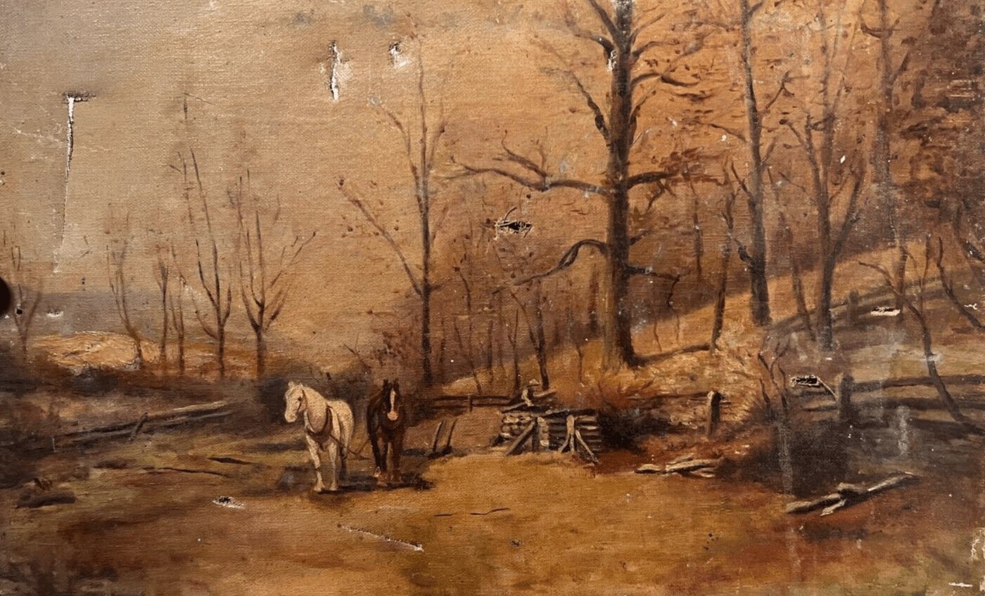 Antique Painting Oil on canvas 19th century Forest Landscape with Horse image 1