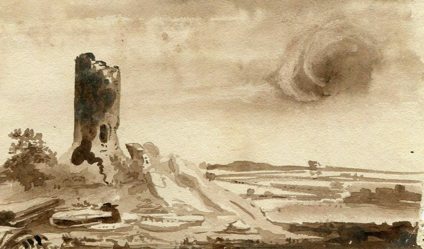 Antique Ink Drawing Original 19th century Castle Landscape Artwork image 1