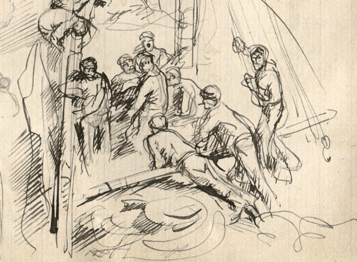 Vintage Drawing Original Maritime Sailors Figures, Boat, Sketches, Seascape image 3