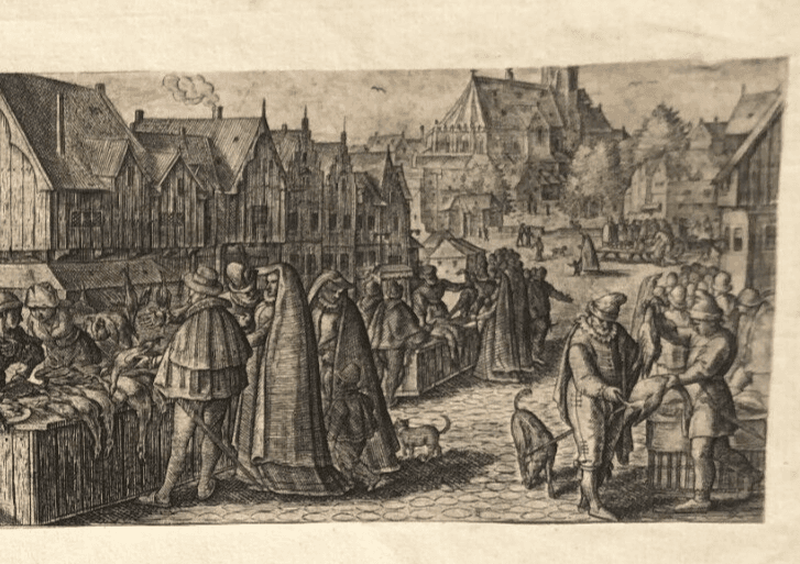 Antique Etching Original 17th century People, Market, Cityview image 5