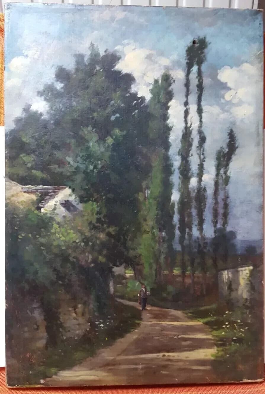 Antique Oil on canvas Original Old Painting Landscape, Path to House image 7