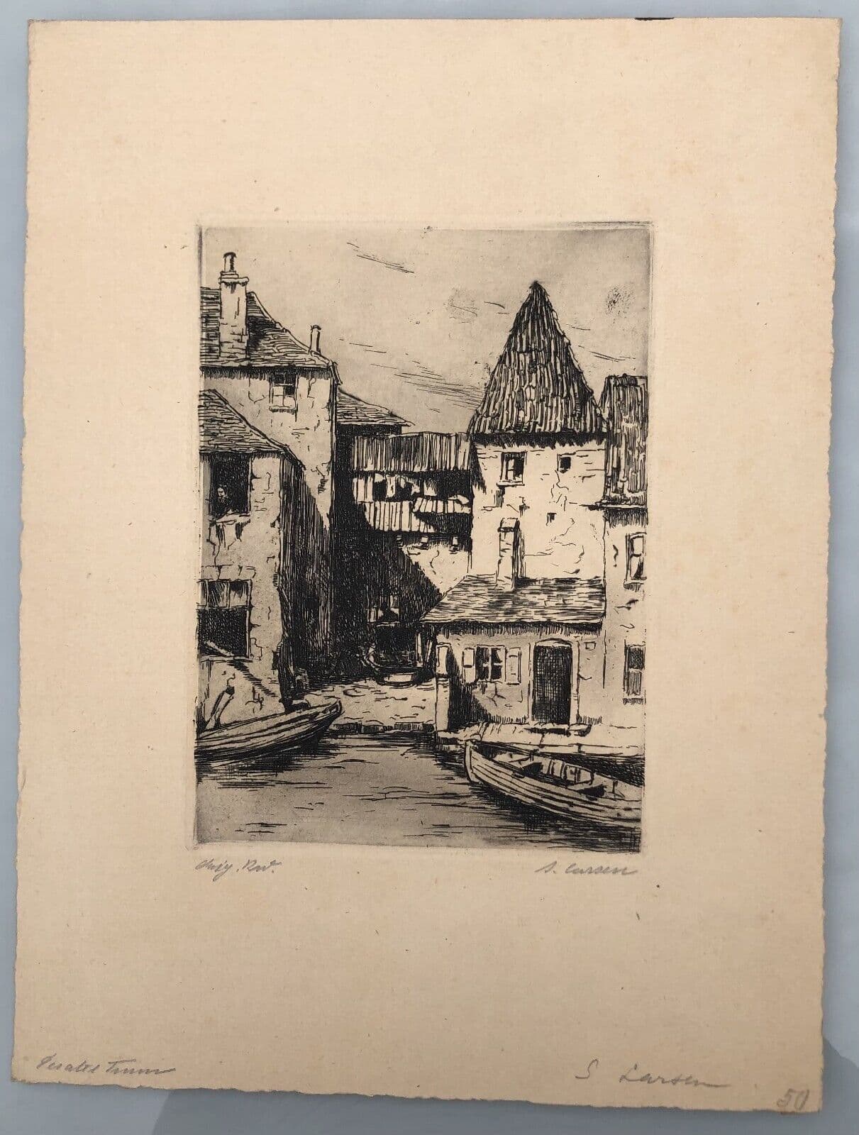 Antique Etching Original Landscape, Houses, Cityview, Town signed image 7