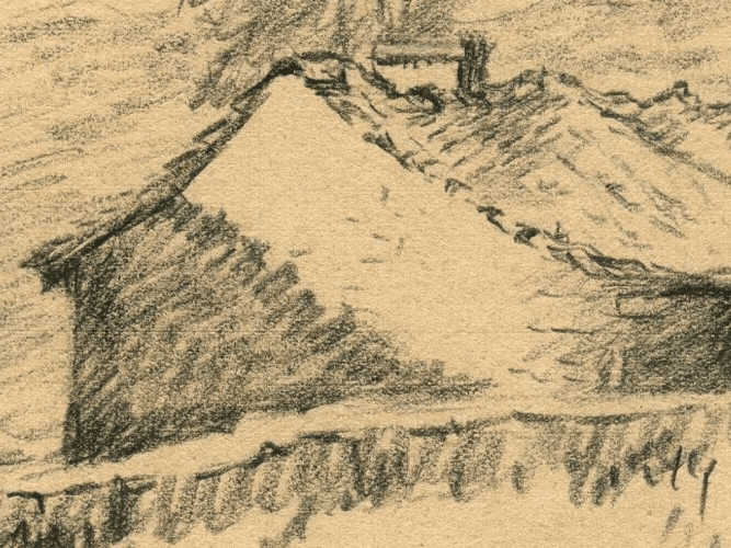 Vintage Pencil Original Drawing House and Tree, Landscape image 2