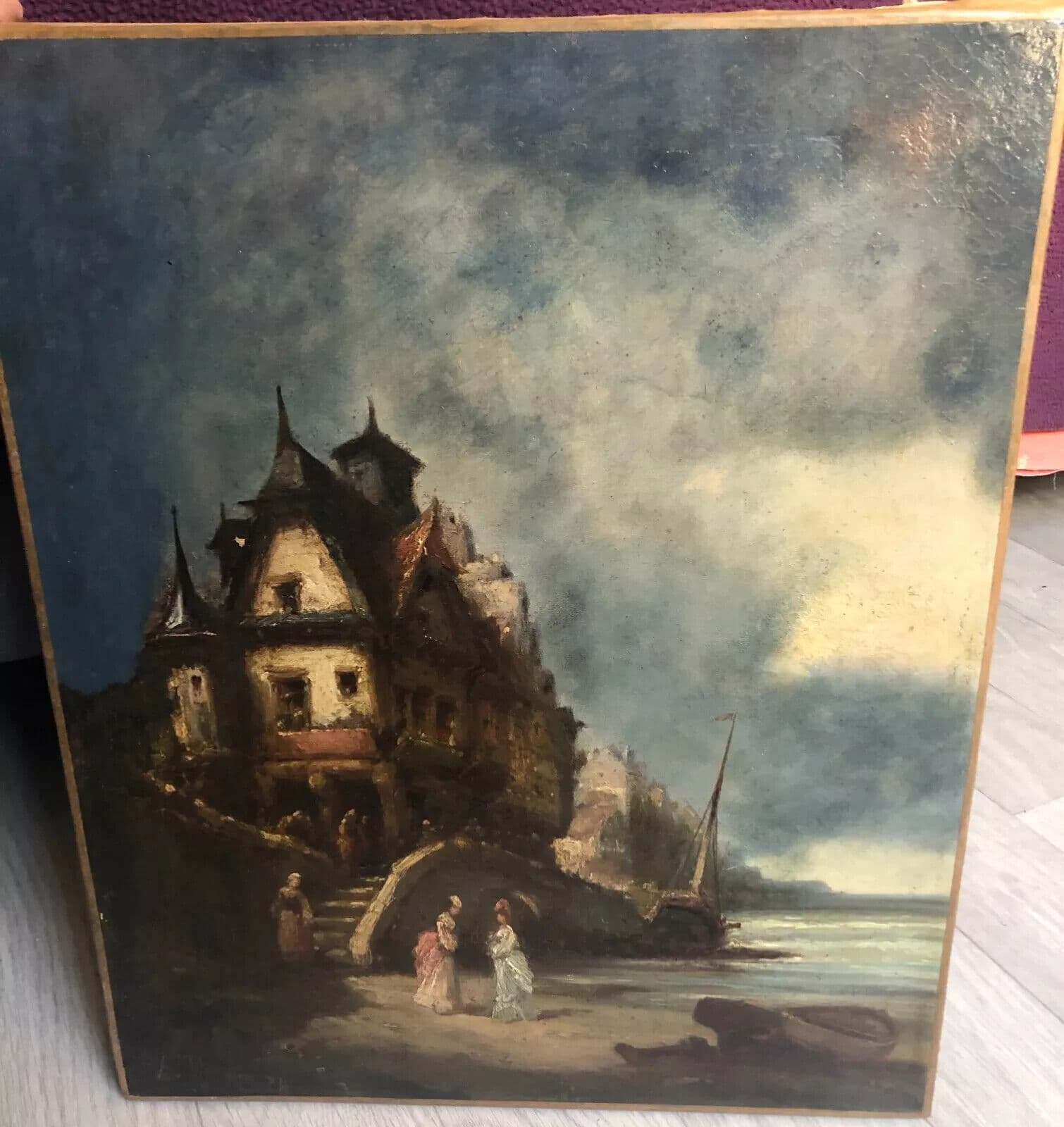 Antique Original Painting signed City Landscape Maritime People, Seascape image 7