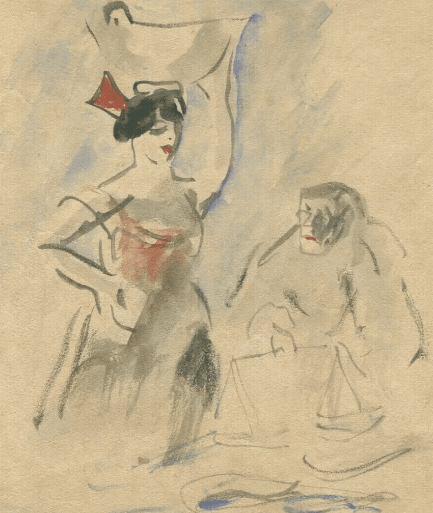 Vintage Ink Drawing Genre Scene, Spanish Dancing Figures Original Signed image 1
