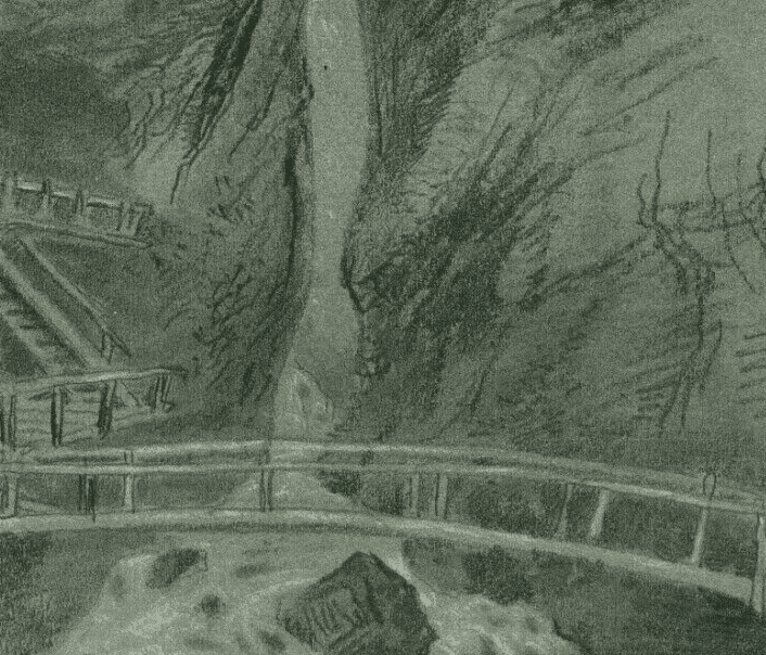 Antique Chacoral Drawing Landscape with Waterfall Sources from Grindlwald 1888 image 3