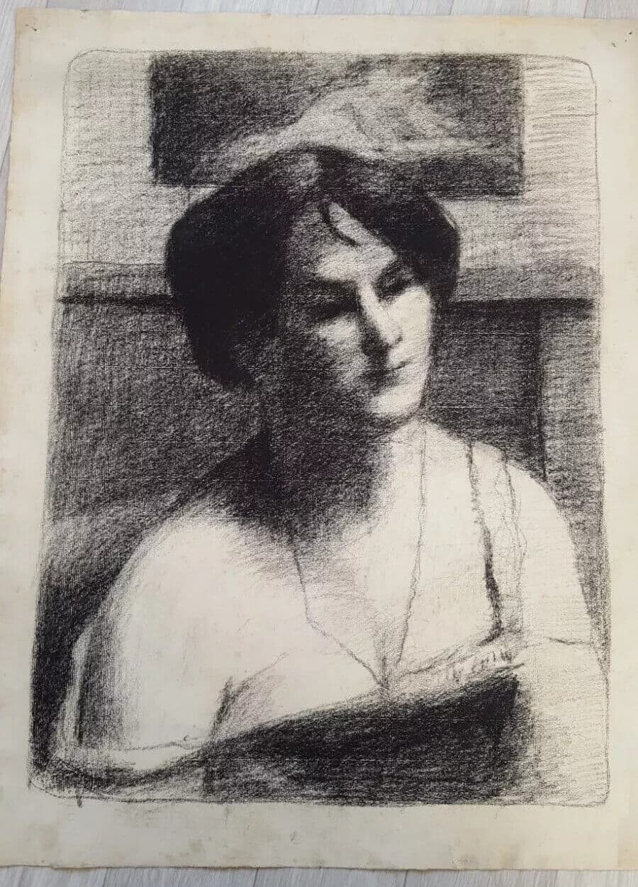 Antique Drawing Charcoal Woman Portrait with Necklace image 5