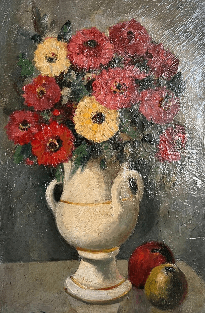 Antique Painting Original Still Life, Flowers, Vase, Apple signed Floral image 1