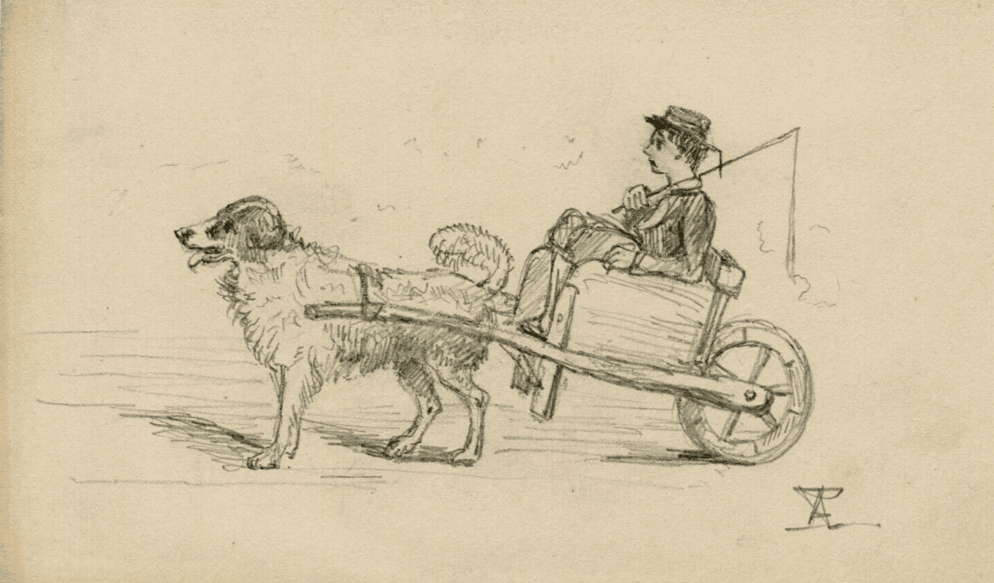 Antique Drawing Original Young Man on a Dog Plow image 1