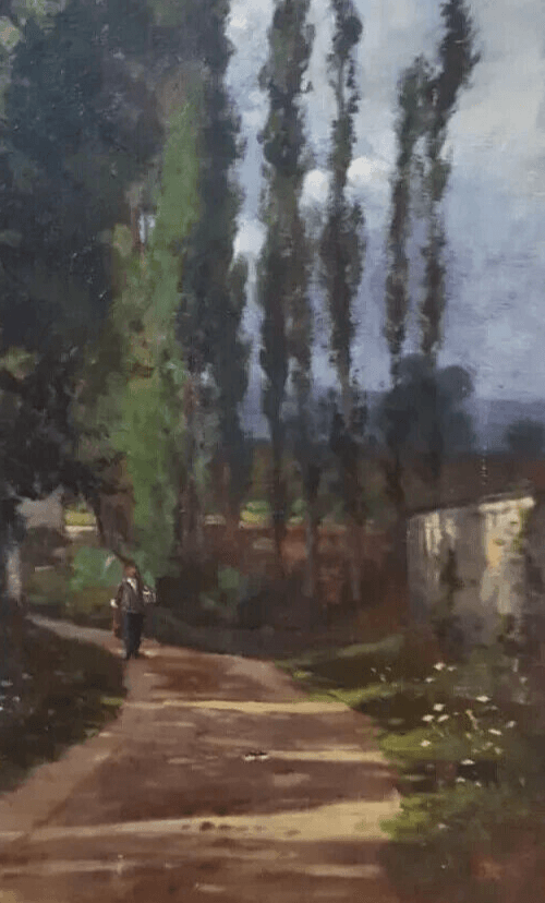 Antique Oil on canvas Original Old Painting Landscape, Path to House image 6