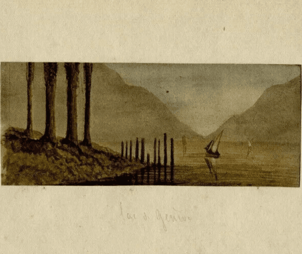 Antique Drawing Original signed Geneva Lake, Switzerland Landscape image 4