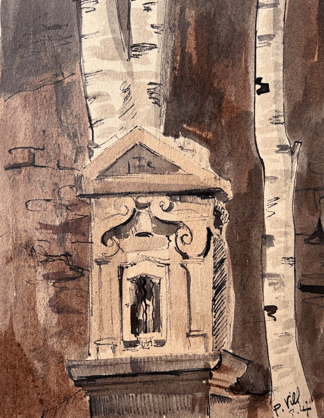 Antique Drawing Original Architecture, Religious signed 1947 Architectural image 1