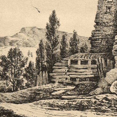 Antique Original Engraving Landscape, People, Children, House, Forest, Trees image 3