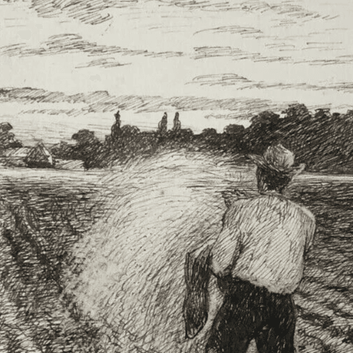 Antique Ink Old Drawing Original Man in the Field, Sow, Farmer image 4