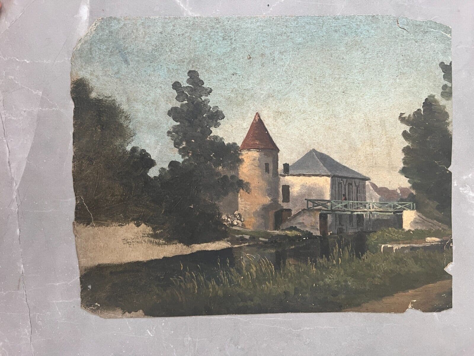 Antique Original Painting Landscape, River, House, Trees, Bridge image 5
