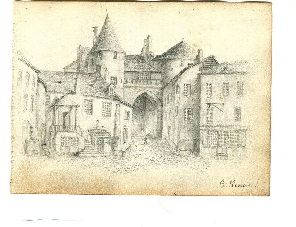 Antique Pencil Original Drawing 19th century Village, Cityview, Architecture image 6