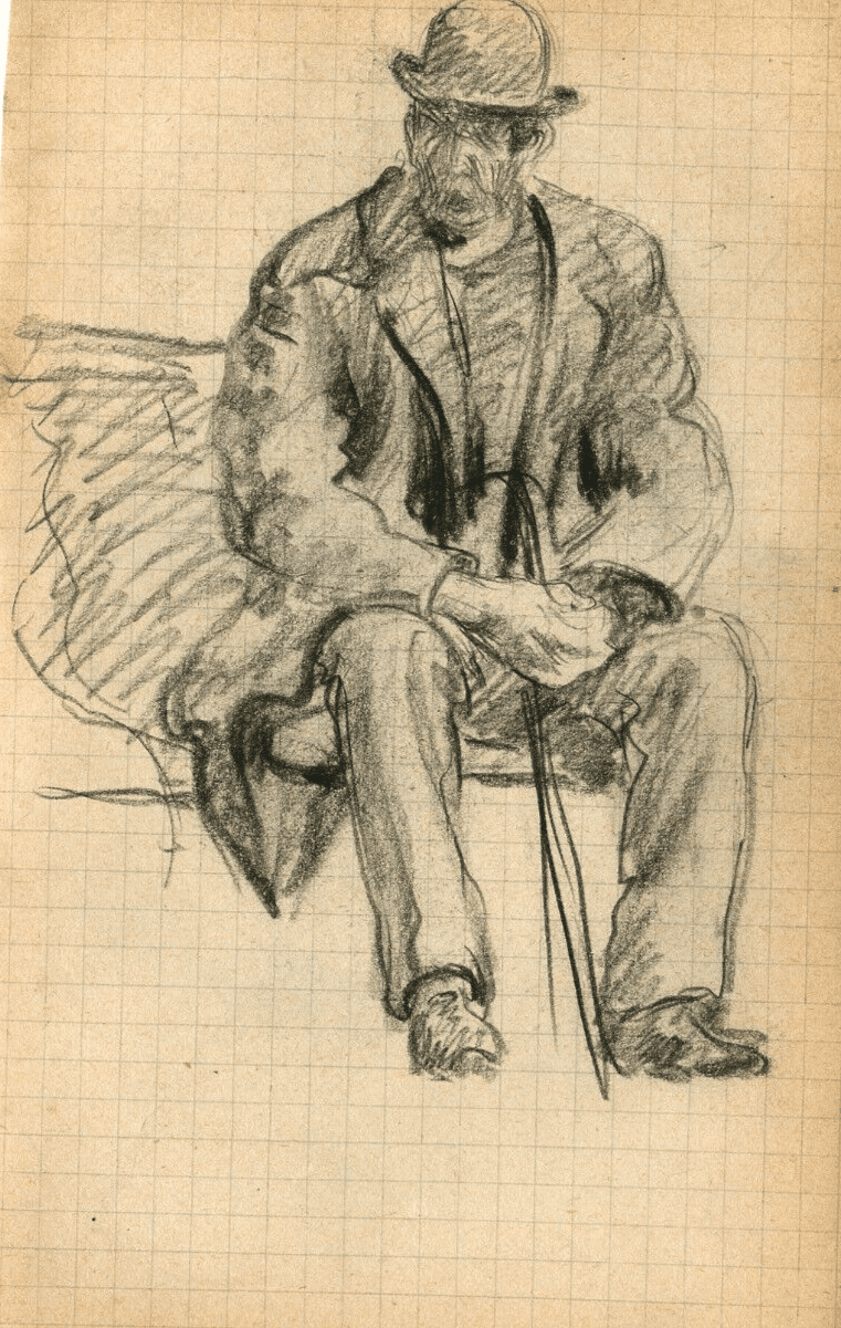 Vintage Pencil Original Drawing of a Man with Hat sitting with a Cane image 1