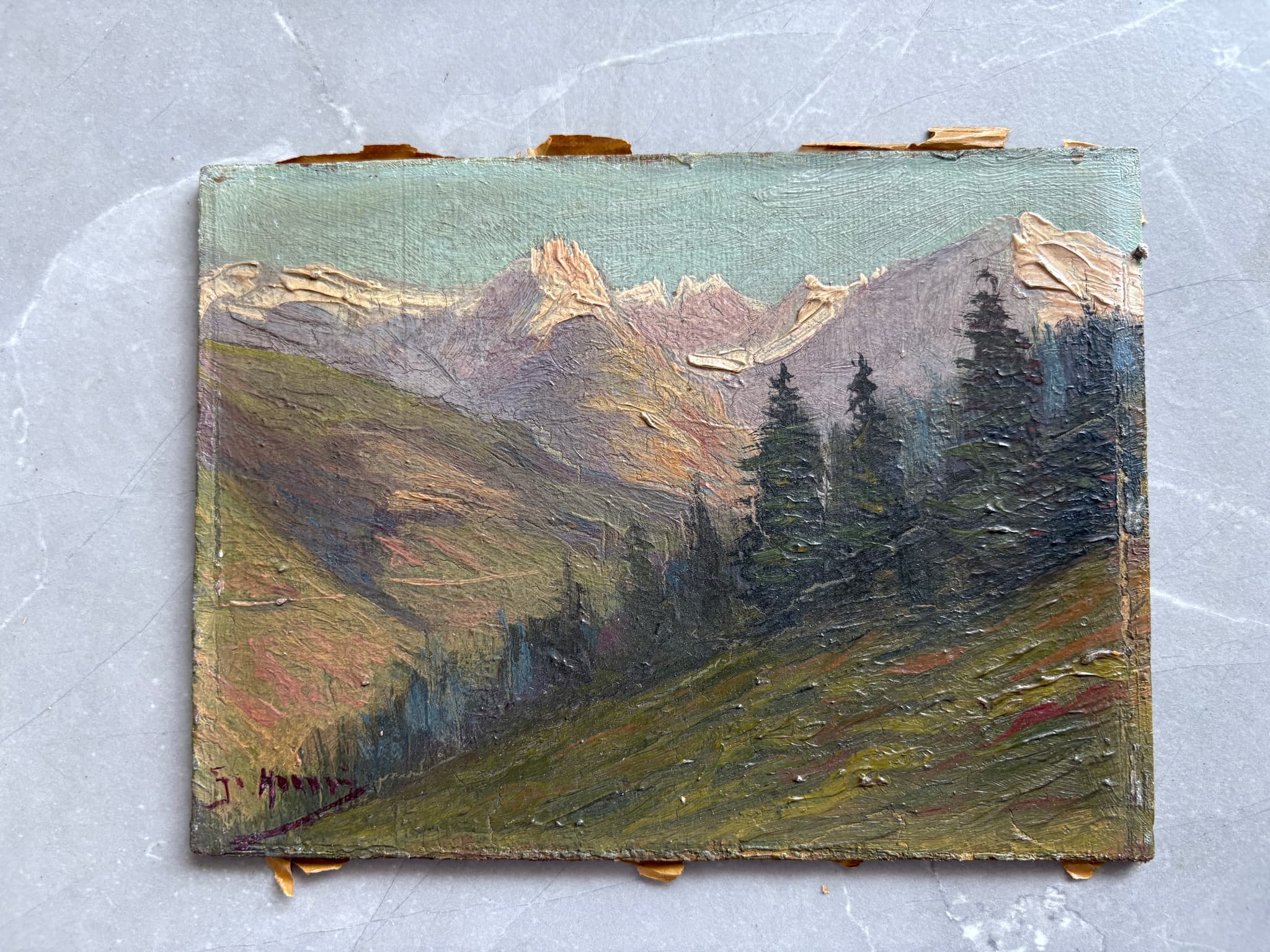 Antique Original Painting Landscape Mountain Julius MONIEN (1842-1897) Framed image 1