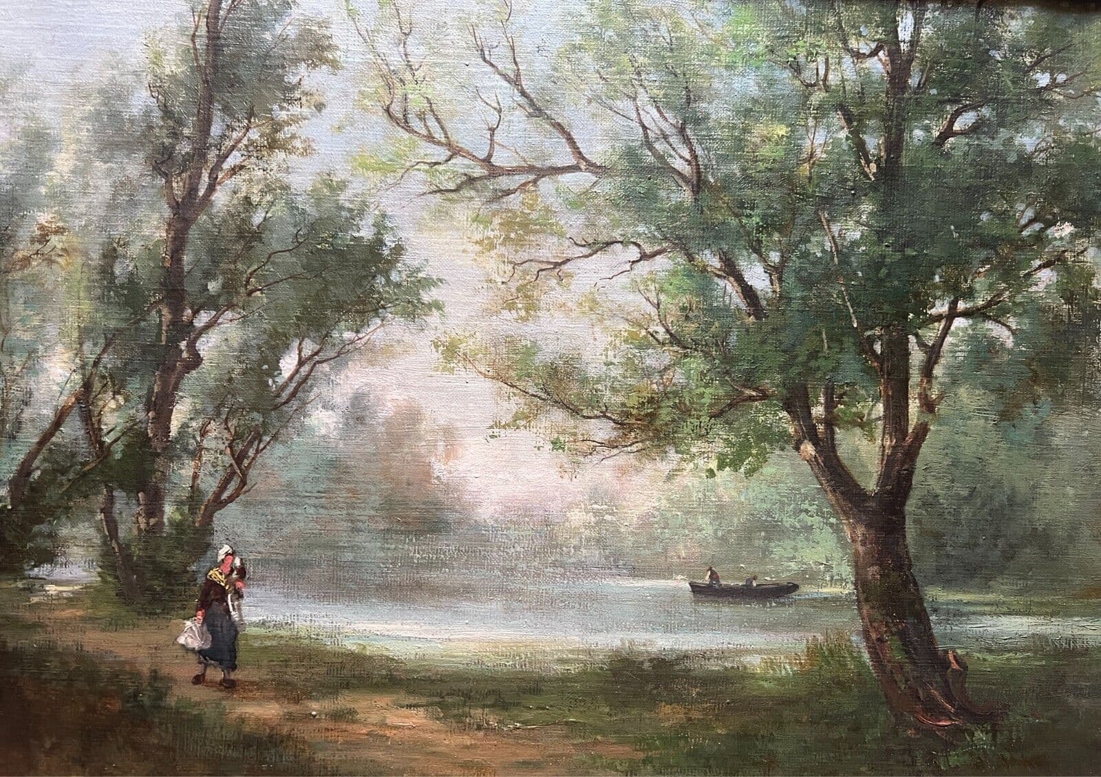 Antique Original Painting Landscape, Woman, Trees, Lake Jules CAYLA (XIX-XX) image 1