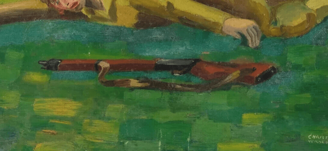 Vintage Oil Painting Military Man on the Grass with a Riffle 1947 image 4