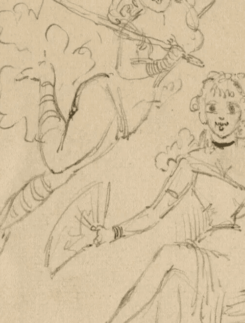 Antique Drawing Pencil Original Women, Angels, Music, Sketch image 5