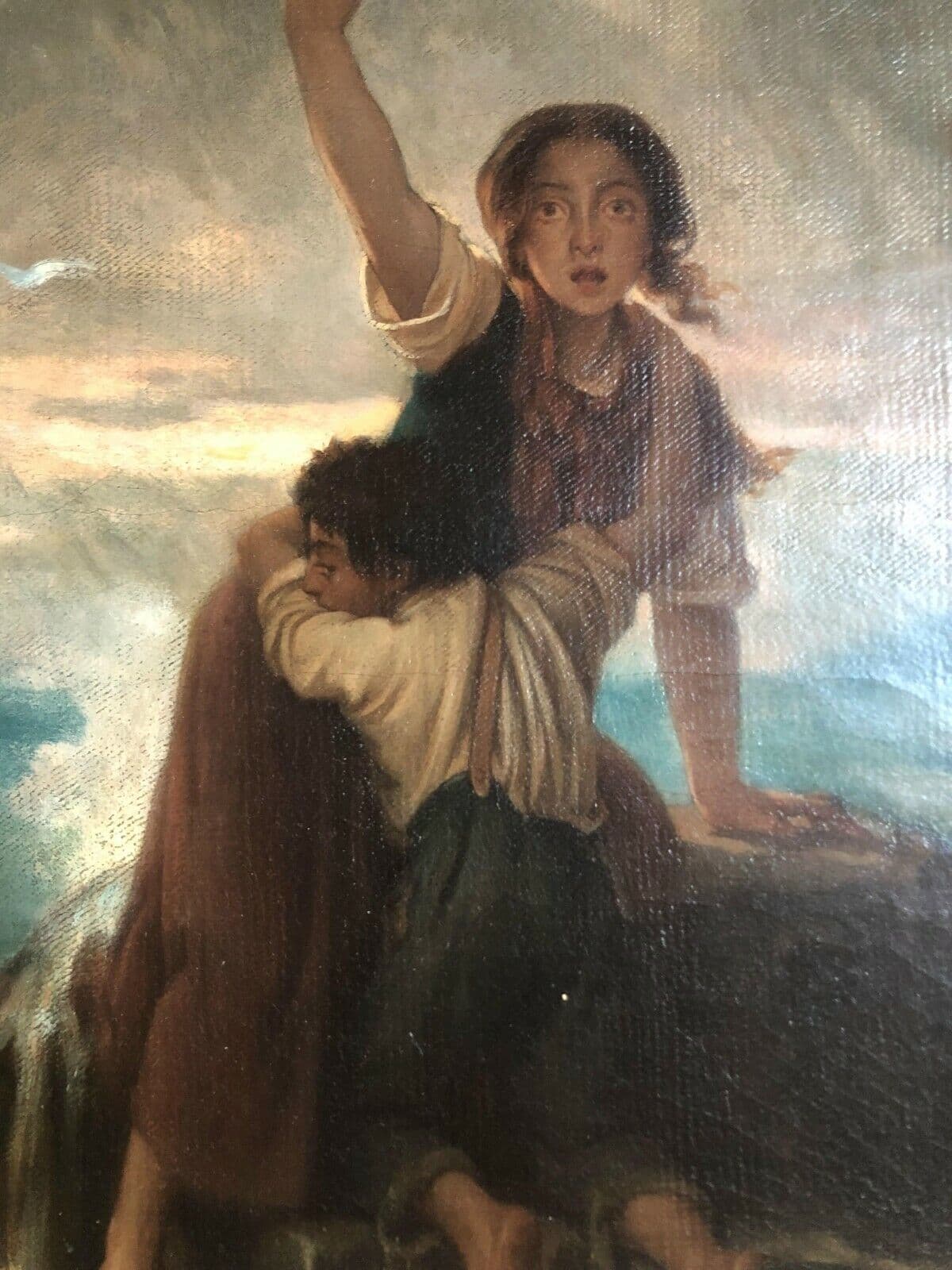 Antique Original Painting 19th century Woman Shipwreck with Little Kid signed image 2