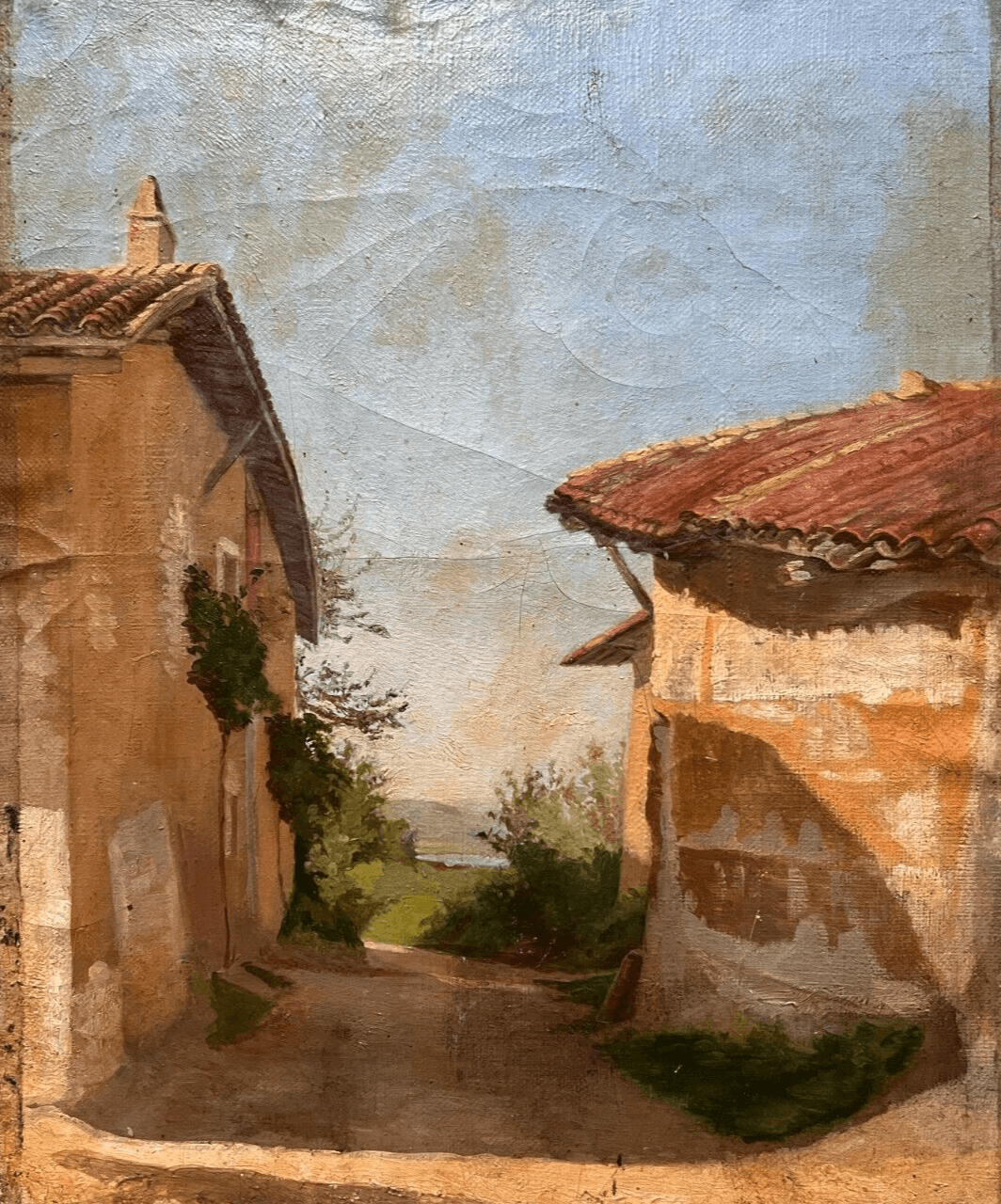 Antique Oil Painting Signed Antoine FLACHAT (XIX) House Landscape image 1