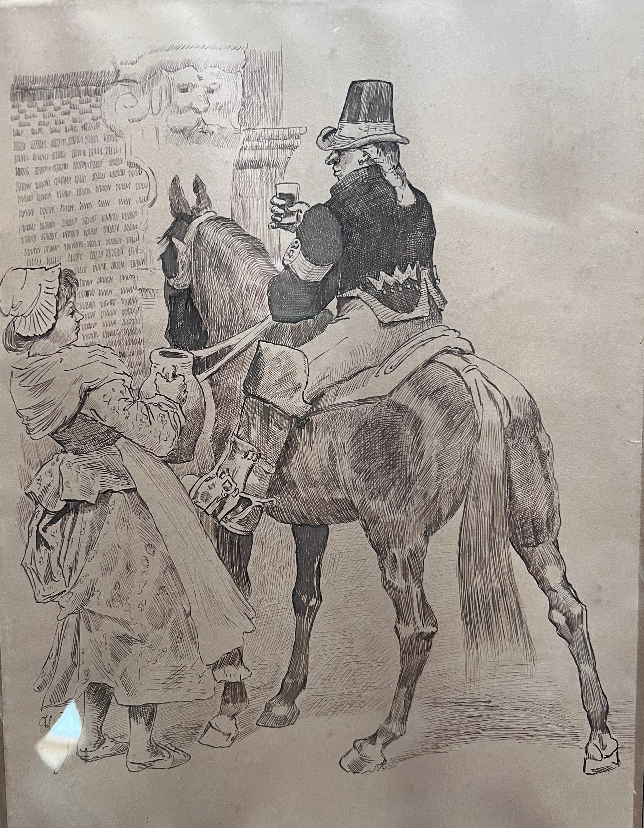Drawing by H. MILLER (XIX) Man on a Horse and Woman with Water image 1