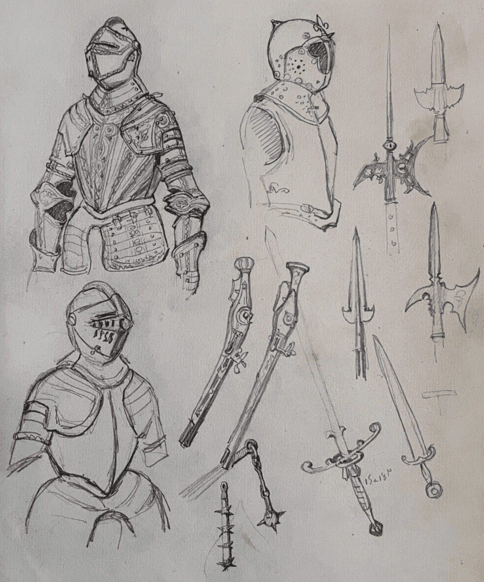 Antique Original Drawing 19th century Knight Portrait, Swords Sketches image 1